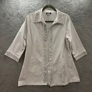 Tia Couture Women's Large White Jacket Rhinestones Open Front Cotton Polyester